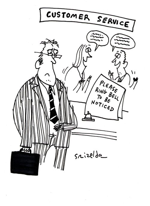 Sign reads: Customer service - Ring bell to be noticed.