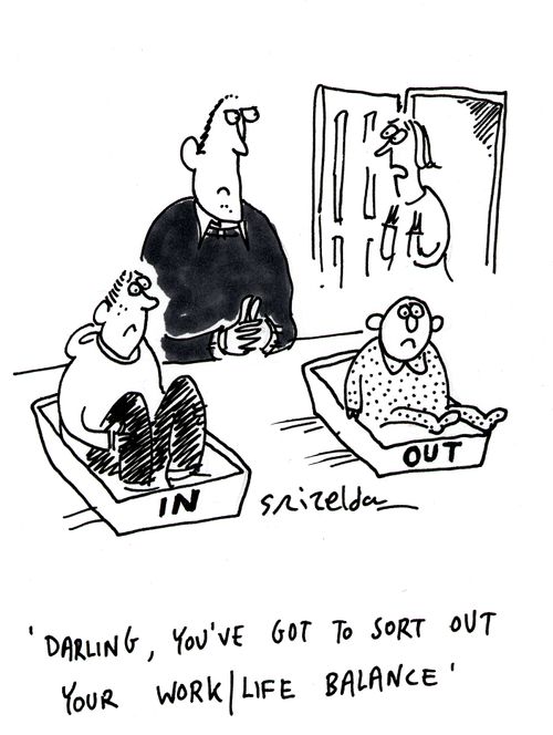 Man with children in his In and Out trays - 'Darling, You've got to sort out your work/life balance'