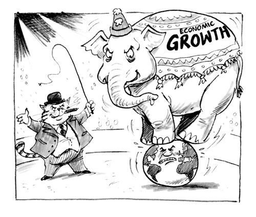 'Economic Growth' Elephant balancing on top of the world in a circus ring.  Accompanied by a 'fat cat' ring master.