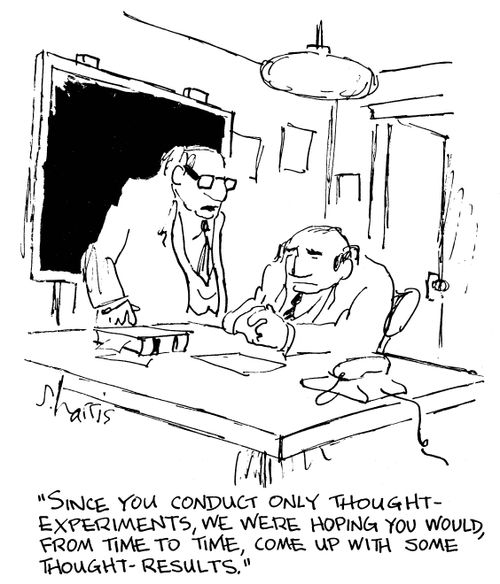 Since you conduct only thought-experiments, we were hoping you would, from time to time, come up with some thought-results.