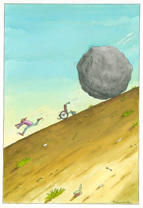 Man in wheelchair fleeing from rock.