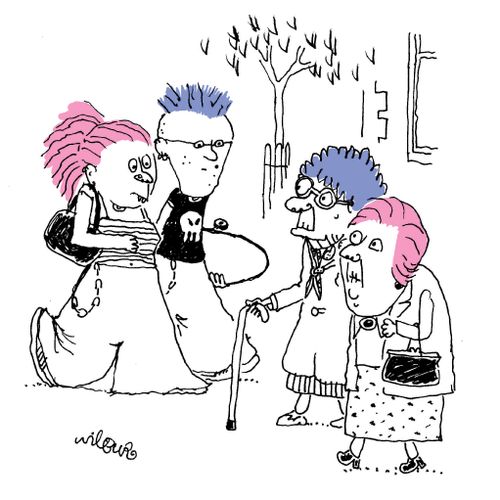 Punks with blue/pink hair meet old people with blue/pink rinses.