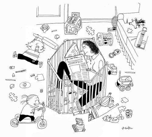 Mum sitting in play pen while kids run riot.