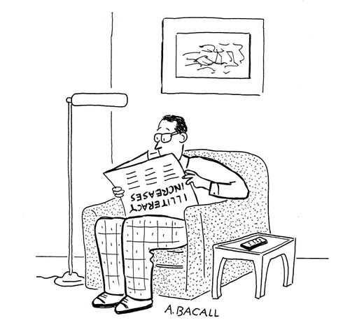Illiteracy Increases: Man reads paper upside-down.
