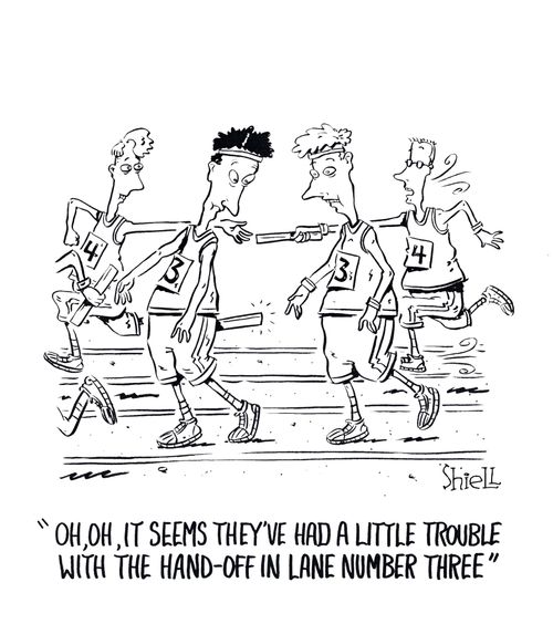 "Oh, oh, it seems they've had a little trouble with the hand-off in lane number three."