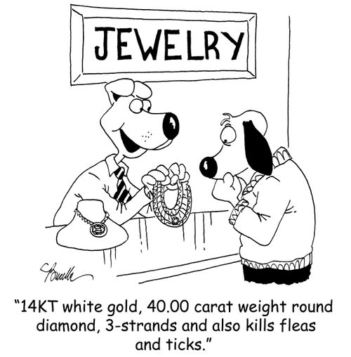"14KT white gold, 40.00 carat round diamond, 3-strands and also kills fleas and ticks."
