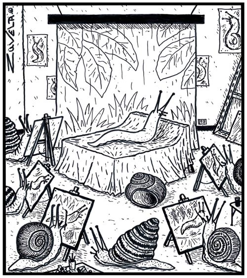 A naked, shell-less Snail posing for art student snails.