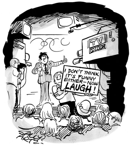 Audience given prompt to laugh: 'I don't think it's funny either - Now laugh!'