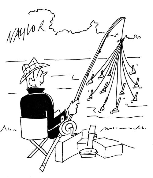 Man fishing with rod with multiple lines.