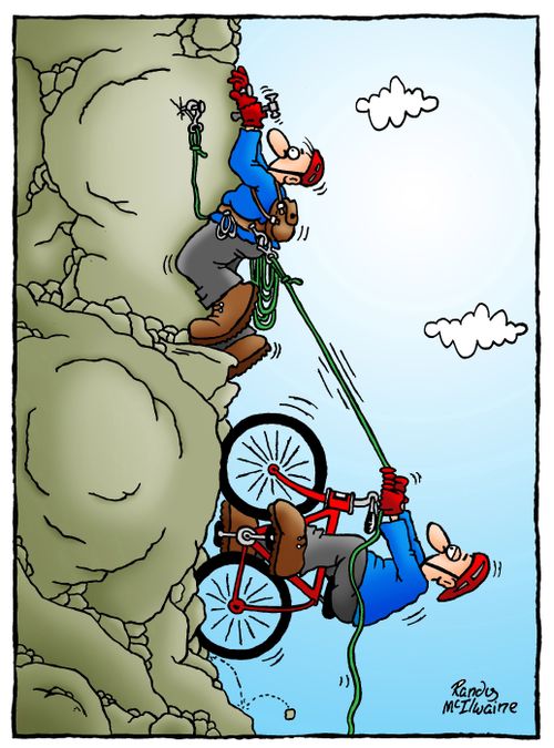 Mountain climber pulling a mountain biker up the side of a mountain.