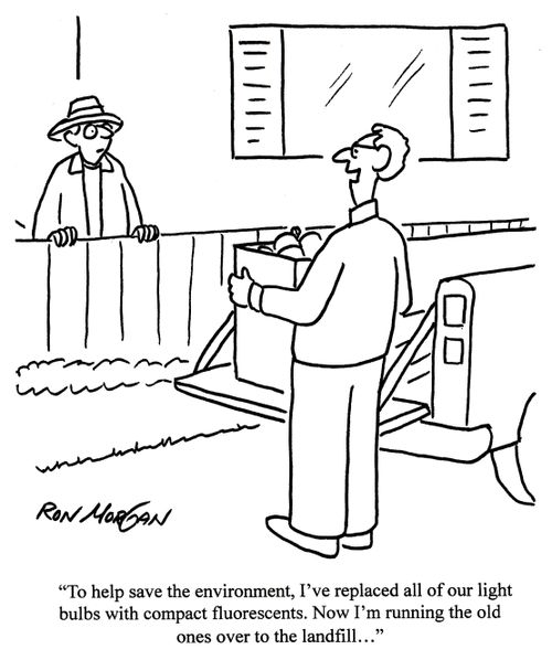 'To help save the environment, I've replaced all of our lightbulbs with compact fluorescents. Now I'm running the old ones over to the landfill...'