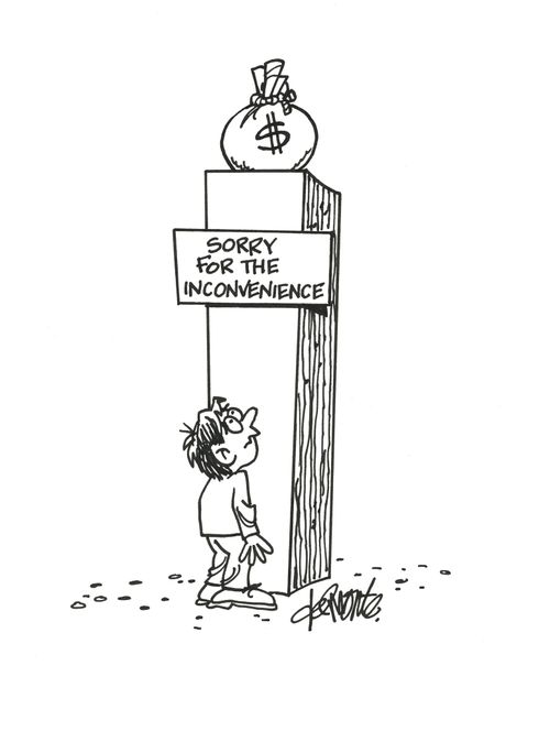 Tall column with a bag of money on top and a sign reading 'Sorry for the inconvenience.'