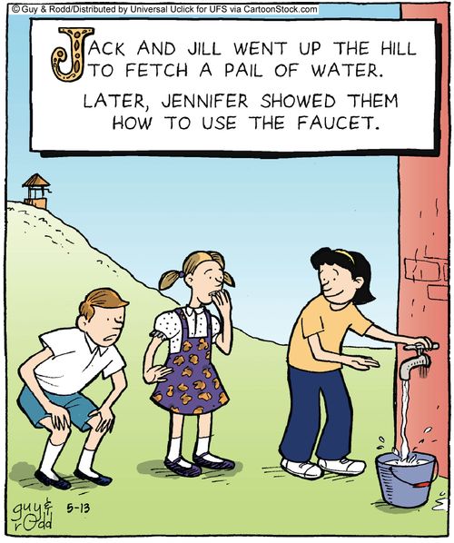 Jack and Jill went up the hill to fetch a pail of water. Later, Jennifer showed them how to use the faucet.