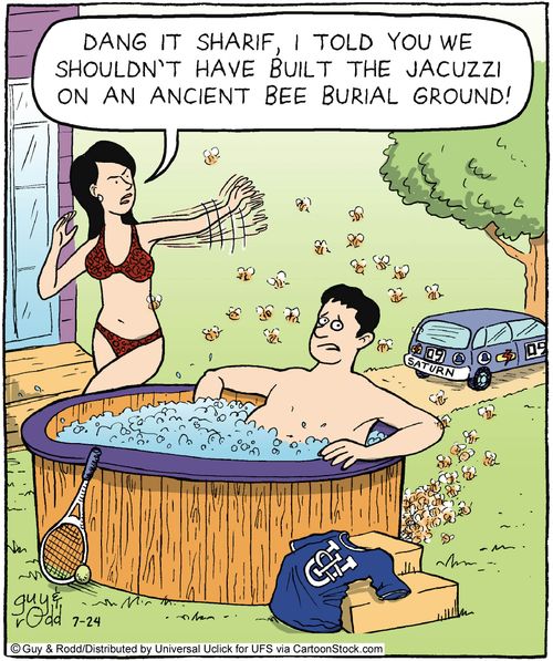 'Dang it Sharif, I told you we shouldn't built the jacuzzi on an ancient bee burial ground.'