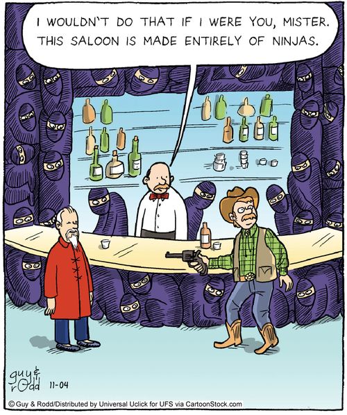 'I wouldn't do that if I were you, mister. This saloon is made entirely of ninjas.'
