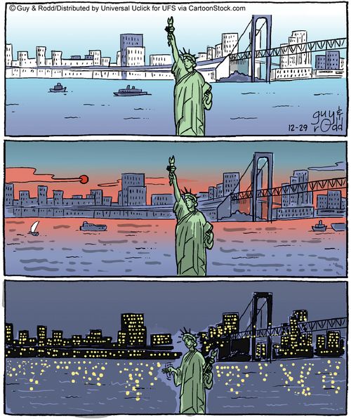 Statue of Liberty rests her arm at night.
