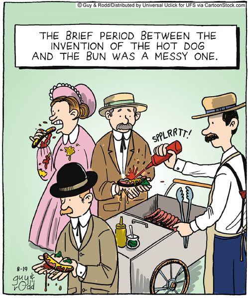 The brief period between the invention of the hot dog and the bun was a messy one.