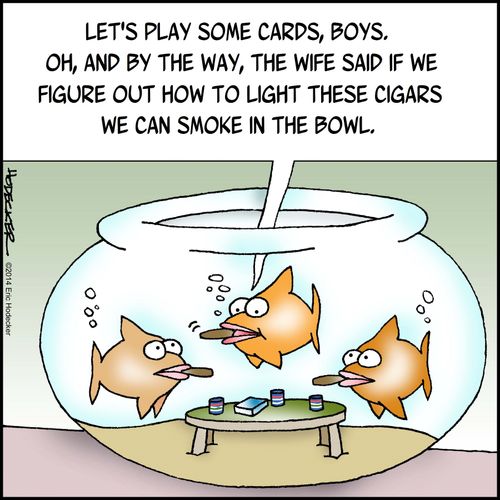 'Let's play some cards, boys. Oh, and by the way, the wife said if we figure out how to light these cigars we can smoke in the bowl.'