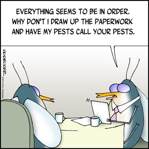 "Everything seems to be in order. Why don't I draw up paperwork and have my pests call your pests."