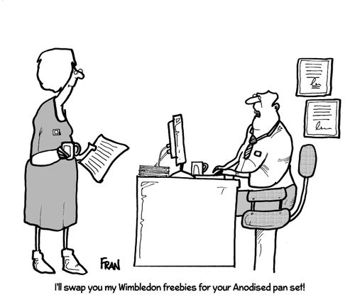'I'll swap you my Wimbledon freebies for your Anodised pan set!'