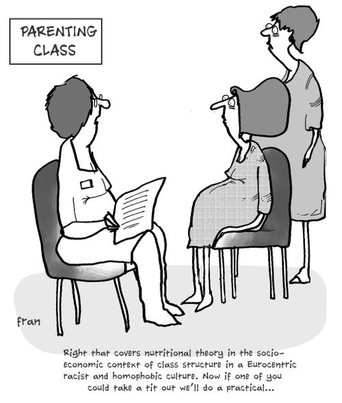'Right that covers nutritional theory in the socio-economic context of class structure in a Eurocentric racist and homophobic culture. Now if one of you could take a tit out we'll do a practical...'
