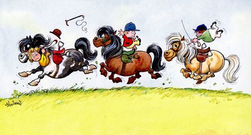 Three children struggling to stay in the saddle.