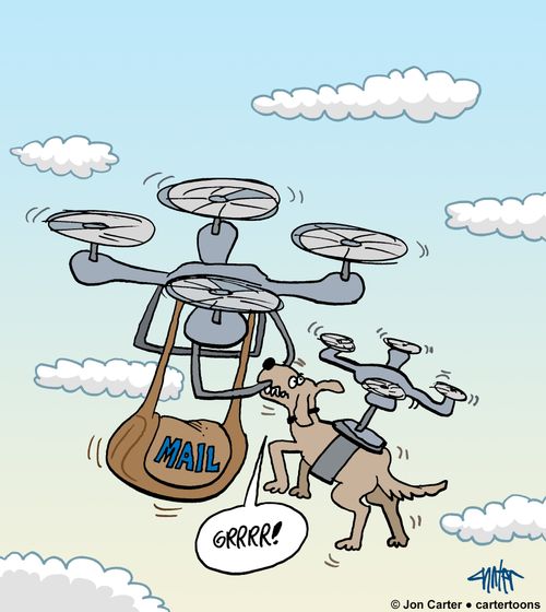 Dog flying with a drone backpack is attacking another drone delivering the mail.