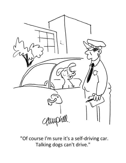 "Of course I'm sure it's a self-driving car. Talking dogs can't drive."