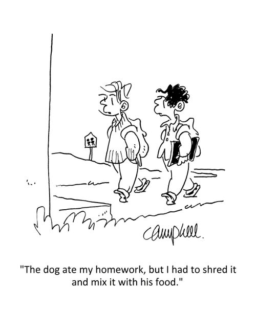 "The dog ate my homework, but I had to shred it and mix it with his food."