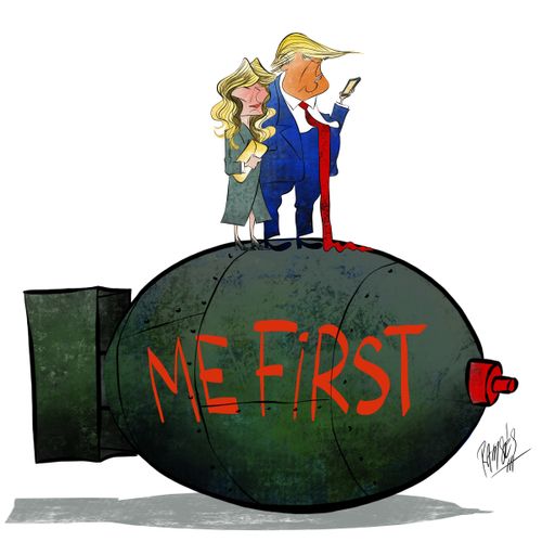 Trump stands atop a bomb that reads 'Me First'.