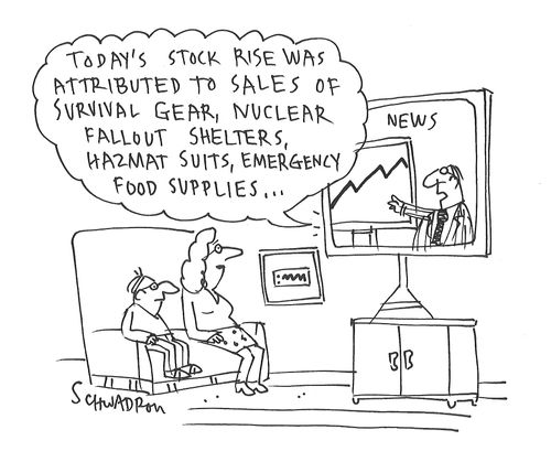 "Today's stock rise was attributed to sales survival gear, nuclear fallout shelters, hazmat suits, emergency food supplies..."