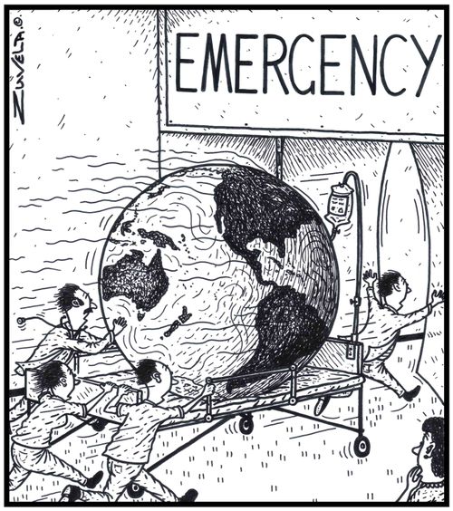  A seriously ill Planet Earth being rushed into a Hospital's Emergency room