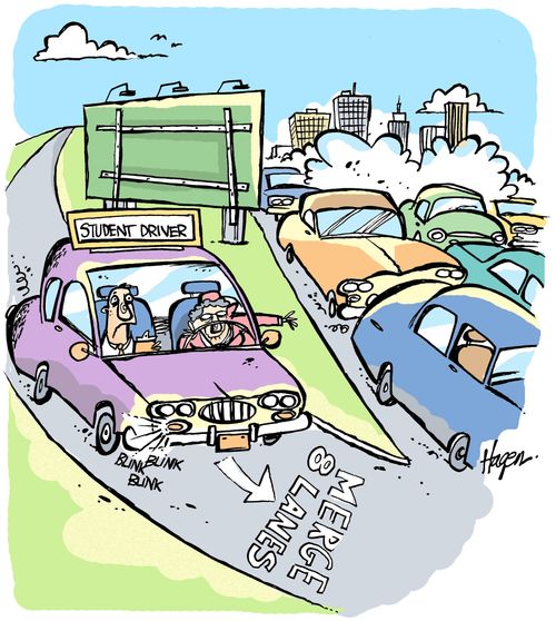 Learner driver about to merge into eight lanes of traffic.