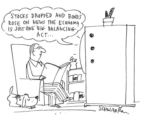 'Stocks dropped and bonds rose on news that the economy is just one big balancing act...'