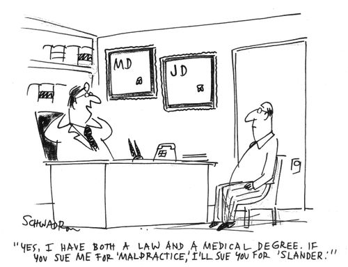 'Yes, I have both a law and a medical degree. If you sue me for 'malpractice', I'll sue you for 'slander'.'