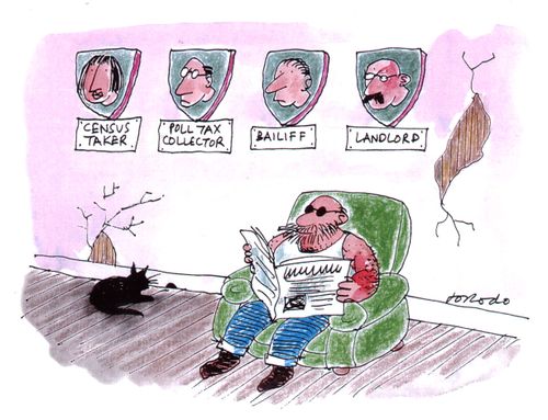 Trophies of debt collector's heads.