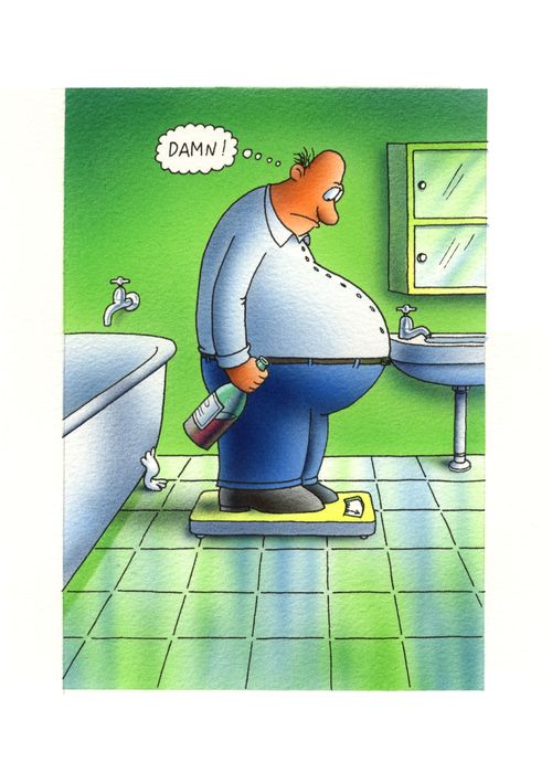 Overweight man groaning at the fact he can't see the dial on his scales, due to his gut.