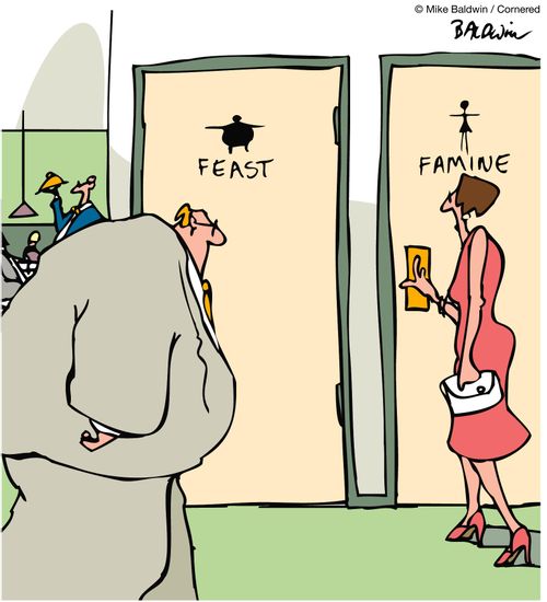 Feast / Famine (sign on male/female toilet doors).