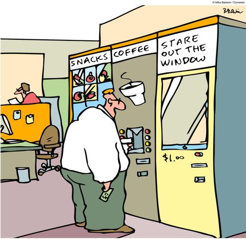 Vending machines read: Snacks/Coffee/Stare out the window.