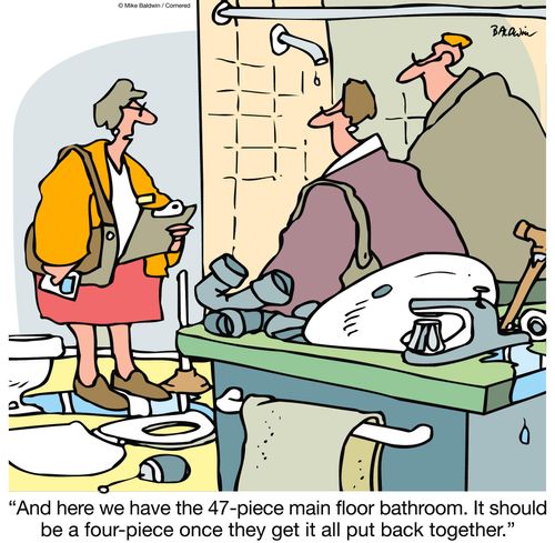 "And here we have the 47-piece main floor bathroom. It should be a four-piece once they get it all put back together."