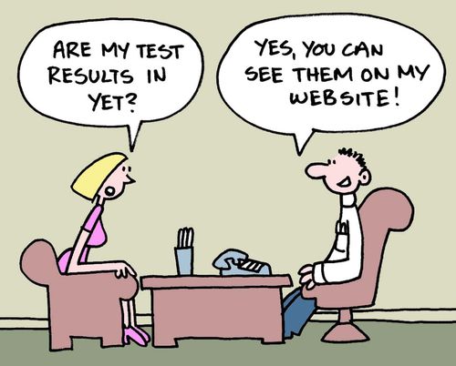 "Are my test results in yet?"  "Yes, you can see them on my website!"