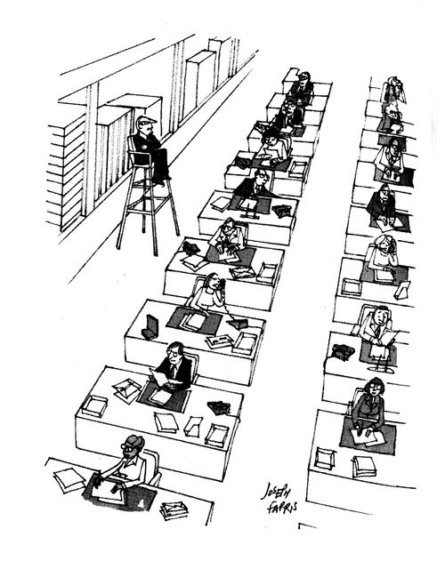 Boss sitting in an umpire chair to watch his employees.