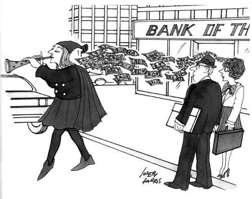 Pied Piper luring money from the bank.