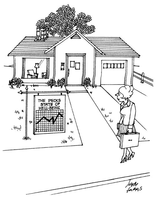 Graph in front of house reads: The Pecks State of Well-Being.