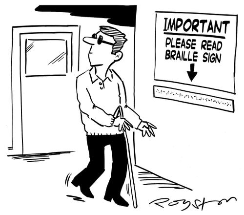 Blind man walks right past a sign that reads: 'IMPORTANT - Please read braille sign (below)'.