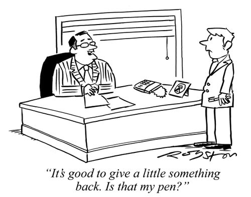 Boss says to employee: 'It's good to give a little something back. Is that my pen?'