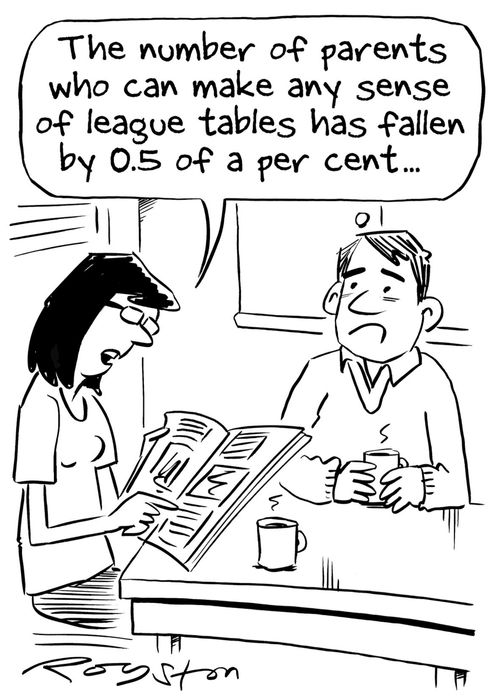 Glum parents read document. Woman says: 'The number of parents who can make any sense of league tables has fallen by 0.5 of a per cent.'
