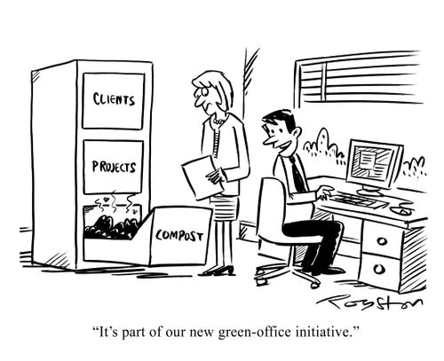 Filing cabinet has compost in bottom drawer. Man says: 'It's part of our new green-office initiative.'