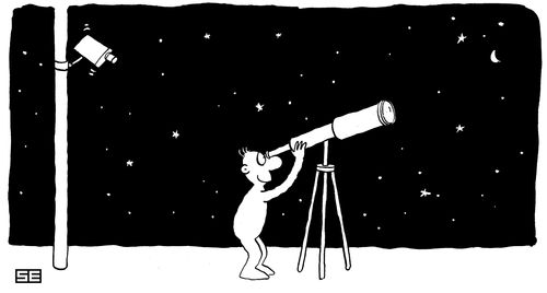 Man watches stars, while CCTV camera watches him.