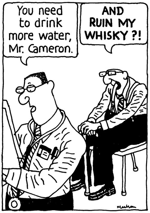 'You need to drink more water, Mr. Cameron.' 'AND RUIN MY WHISKY?!'